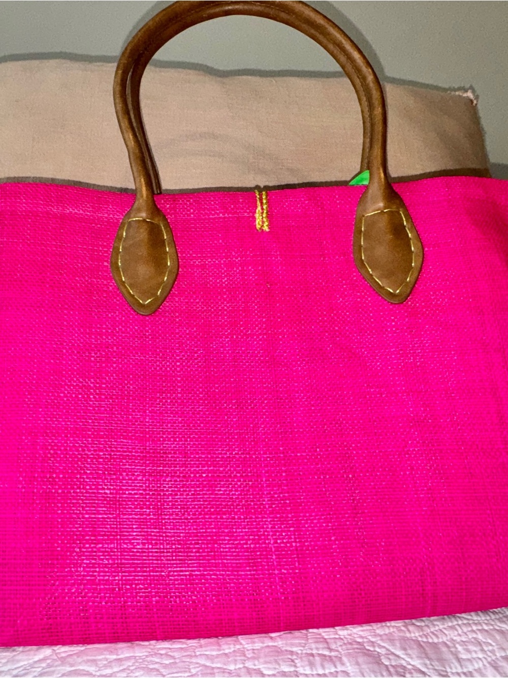 Lilly Pulitzer for Target Hot Pink Straw Tote with Brown Handles & Green Scarf - Picture 3 of 7
